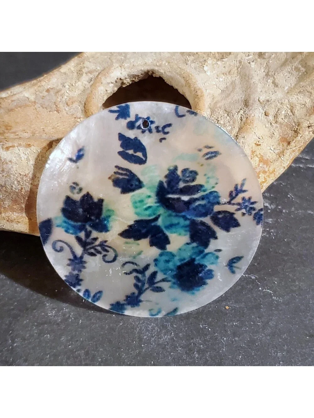 Black & Blue Roses 50mm Capiz Shell Pendant Focal Bead